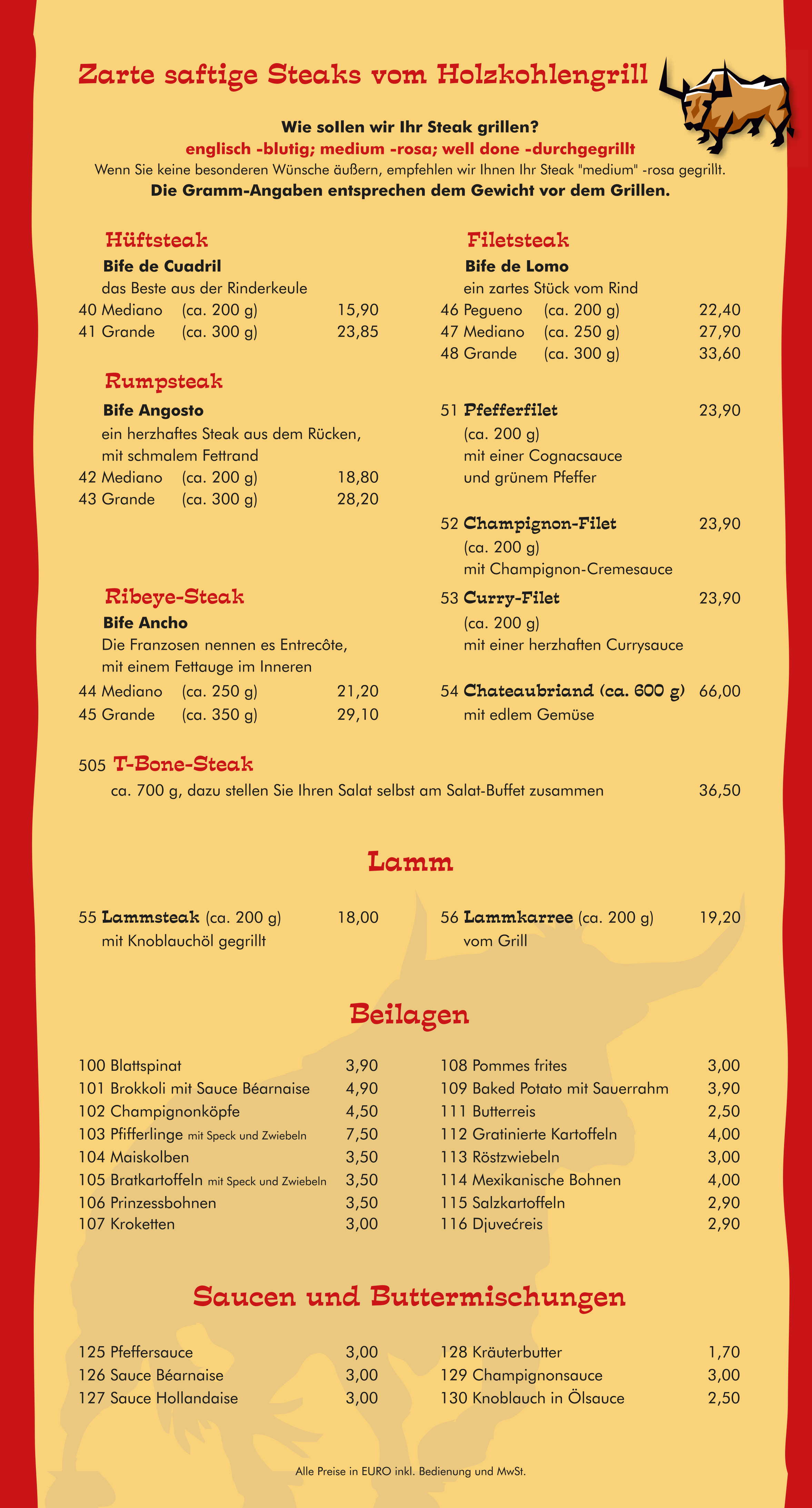 Seite 3 von 6 der Speisekarte vom El-Rancho Steakhouse in Bochum